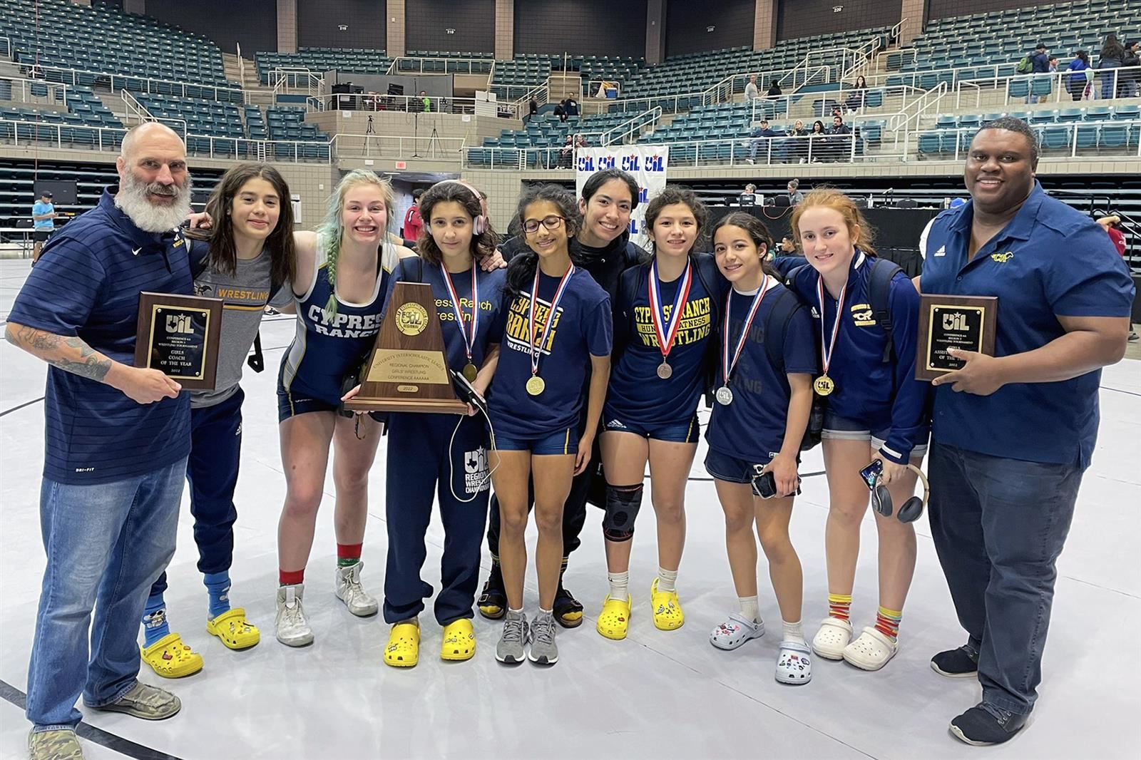 : The Cypress Ranch High School girls’ wrestling team won the Region III-6A championship.
